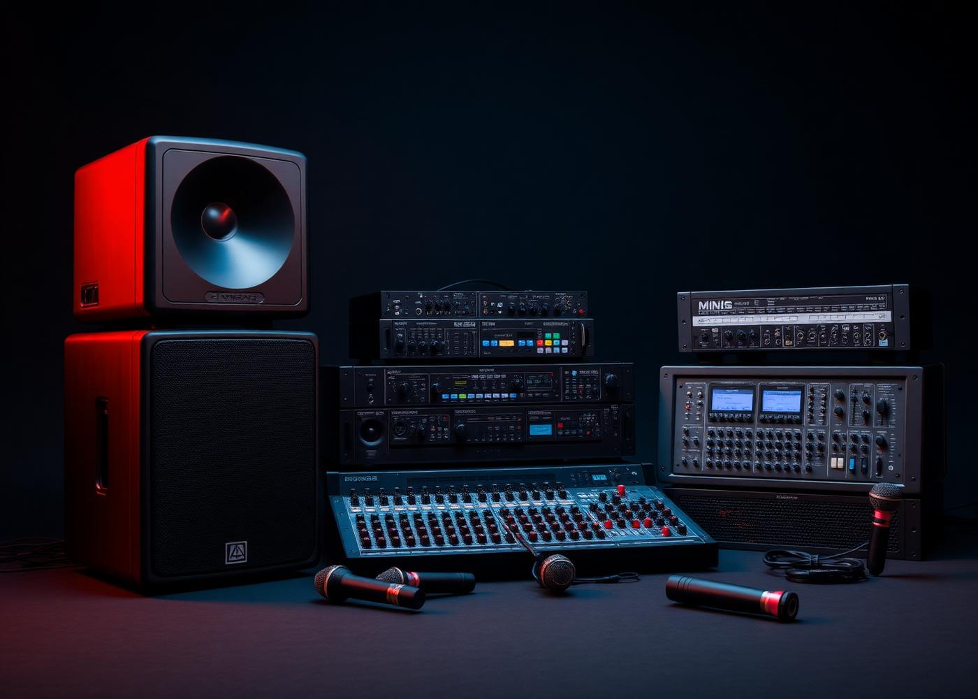 Professional audio equipment including speakers, amplifiers, mixers and microphones