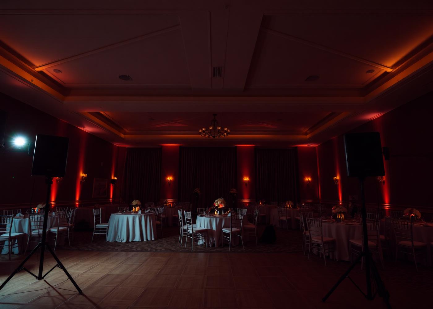 Event venue with professional speakers set up for a function